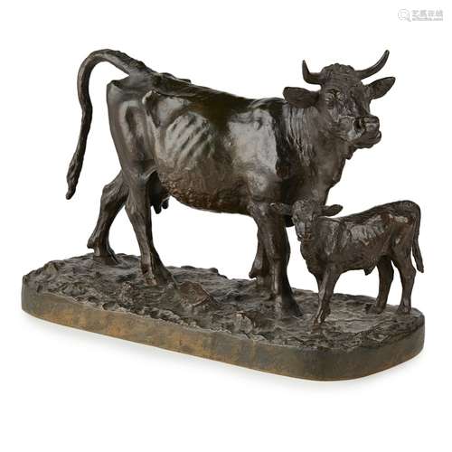 CHRISTOPHE FRATIN (FRENCH, 1801-1864)BRONZE FIGURE GROUP OF A BULL AND CALF dark-brown patina, on an