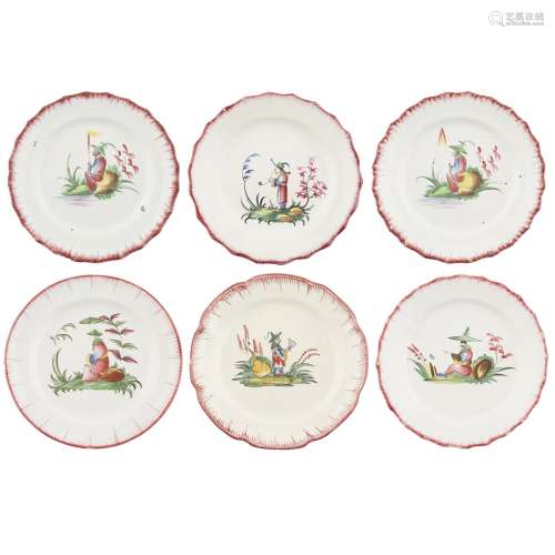 SIX FRENCH FAIENCE PLATES, ATTRIBUTED TO LES ISLETTESEARLY 19TH CENTURY of various sizes, with