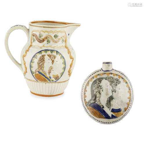 GEORGIAN 'ROYAL SUFFERERS' PRATTWARE JUG AND FLASKLATE 18TH/ EARLY 19TH CENTURY each depicting the