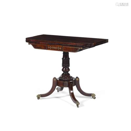 REGENCY ROSEWOOD AND BRASS INLAID CARD TABLEEARLY 19TH CENTURY the D shaped fold-over top with brass