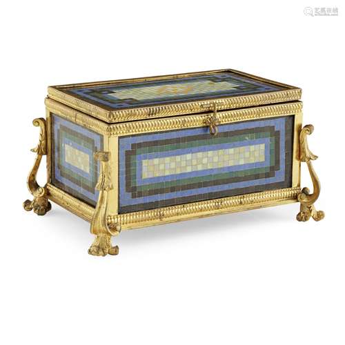 CONTINENTAL MICROMOSAIC AND GILT BRONZE TABLE CASKET19TH CENTURY of rectangular form with a plush-