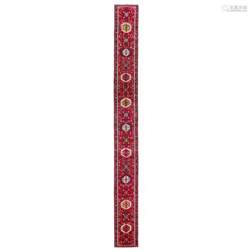 LONG HERIZ RUNNERNORTHWEST PERSIA, MODERN the red field with multiple indigo, ivory and green