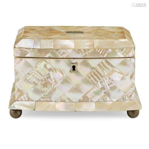 VICTORIAN MOTHER-OF-PEARL TEA CADDY19TH CENTURY of rectangular form with slightly bowed front,