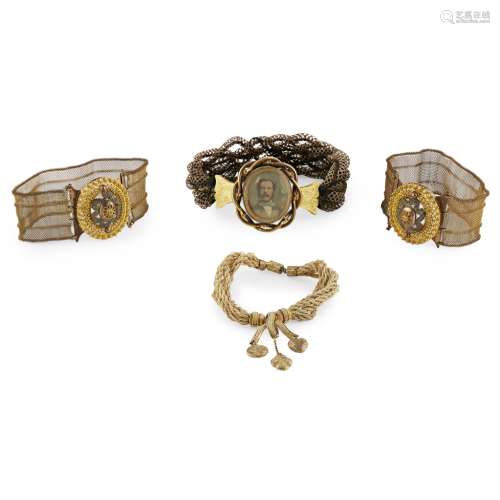 TWO VICTORIAN WOVEN HAIR BRACELETS19TH CENTURY the first made up of various interlocking strands