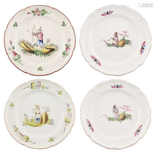 FOUR FRENCH FAIENCE PLATES, ATTRIBUTED TO LES ISLETTESLATE 18TH/ EARLY 19TH CENTURY of various