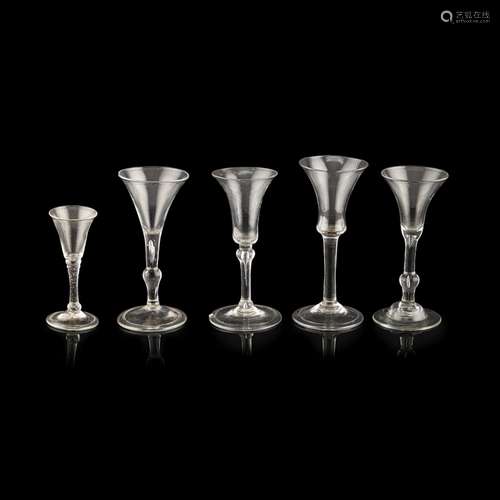 FIVE GEORGIAN WINE GLASSESEARLY-MID 18TH CENTURY comprising a bell bowled glass with a teared