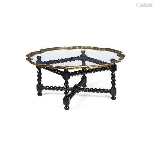 ANGLO-INDIAN BRASS, GLASS AND EBONY COFFEE TABLE, RETAILED BY HARRODSCIRCA 1930S the separate dished