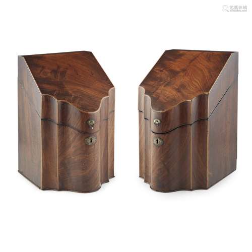 PAIR OF GEORGE III MAHOGANY KNIFE BOXES18TH/ EARLY 19TH CENTURY the sloped tops with arc-en-