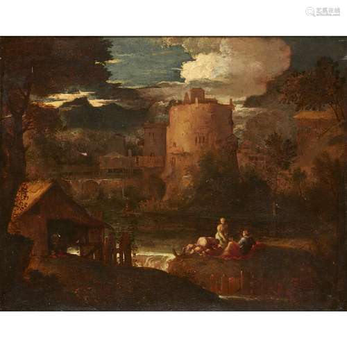 17TH CENTURY ITALIAN SCHOOLFIGURES ON A RIVERBANK, A TOWN IN THE DISTANCE Oil on canvas64cm x