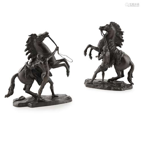 AFTER GUILLAUME COUSTOUPAIR OF MARLY HORSE FIGURE GROUPS, 19TH CENTURY bronze, dark brown/black