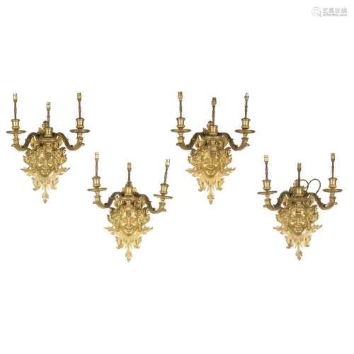 SET OF FOUR LOUIS XIV STYLE GILT BRONZE WALL LIGHTS19TH CENTURY the leafy backplates centred by