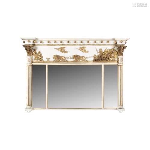 REGENCY WHITE PAINTED AND GILT TRIPTYCH OVERMANTEL MIRROREARLY 19TH CENTURY the moulded cornice with