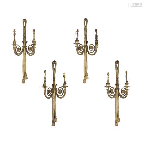 SET OF FOUR NEOCLASSICAL STYLE GILT METAL WALL SCONCES19TH CENTURY each backplate in the form of a