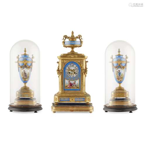 FRENCH GILT METAL AND PORCELAIN THREE PIECE CLOCK GARNITURE, BRUNFAUT19TH CENTURY comprising a large