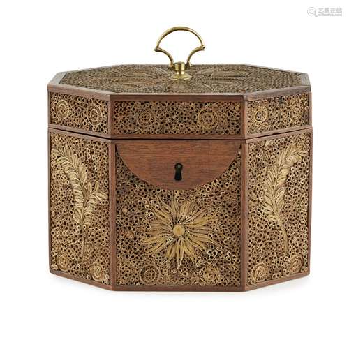 GEORGE III PAPER SCROLL TEA CADDY18TH/ EARLY 19TH CENTURY of octagonal form, the mahogany frame