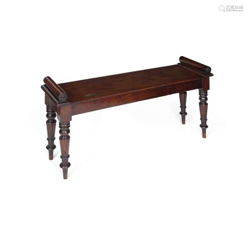 LATE REGENCY MAHOGANY HALL BENCHEARLY 19TH CENTURY the long seat with roll ends above a plain frieze
