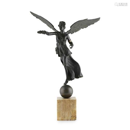 ITALIAN PATINATED BRONZE FIGURE OF WINGED VICTORYLATE 19TH CENTURY dark patina, raised on a bronze