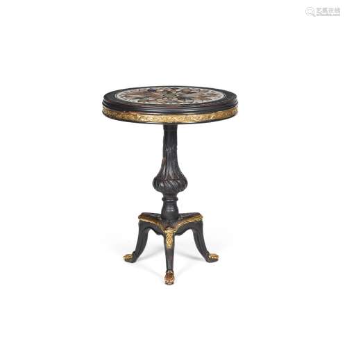 VICTORIAN EBONISED AND PARCEL GILT SPECIMEN MARBLE OCCASIONAL TABLEMID 19TH CENTURY the circular top