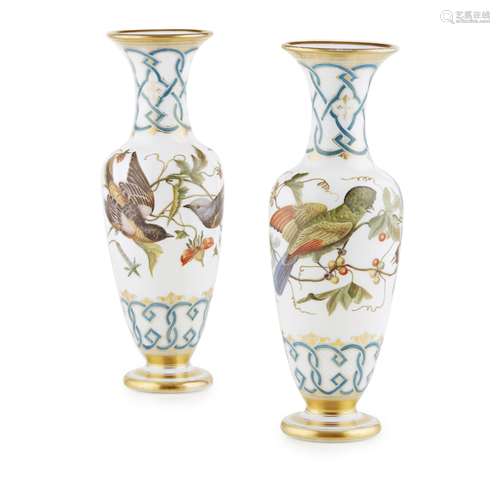 PAIR OF ENAMELLED OPALINE GLASS VASES, ATTRIBUTED TO THE ATELIER OF JEAN-FRANÇOIS ROBERT1845-1855