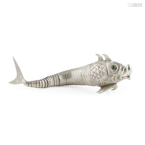 SPANISH SILVER ARTICULATED MODEL OF A FISH20TH CENTURY with green glass eyes, the tail