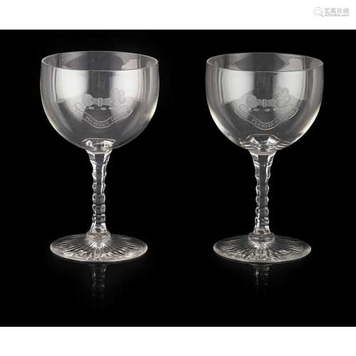 PAIR OF WHEEL-ENGRAVED ARMORIAL DRINKING GLASSESCIRCA 1860/70 with deep bowls wheel-engraved with