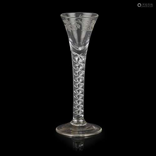 GEORGIAN ENGRAVED TWIST STEM CORDIAL GLASSCIRCA 1750 the flared bowl wheel-engraved with a band of