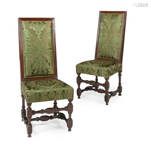 PAIR OF FLEMISH HIGH-BACK OAK SIDE CHAIRS19TH CENTURY with moulded rectangular upholstered backs and