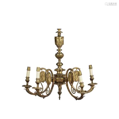 NEO-CLASSICAL BRASS FIVE BRANCH CHANDELIEREARLY 20TH CENTURY the central column with a draped urn