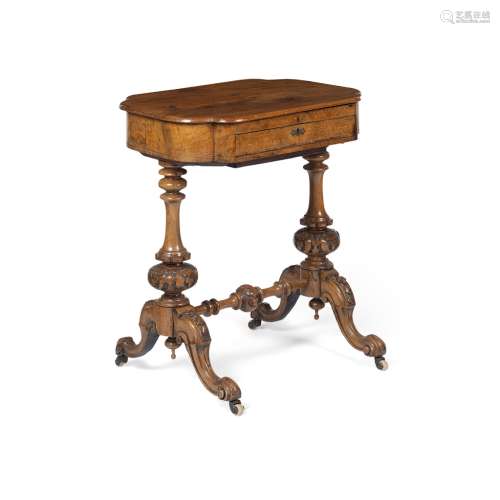 VICTORIAN WALNUT WORK TABLE19TH CENTURY the shaped oval top opening to reveal a hinged writing