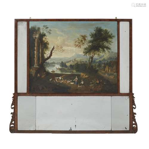 GEORGIAN STYLE WALNUT TRUMEAU19TH CENTURY, THE PAINTING 18TH CENTURY with an Italianate landscape