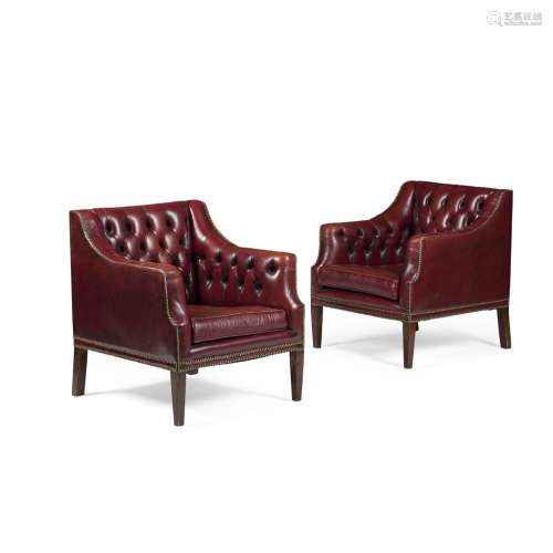 PAIR OF REGENCY STYLE OXBLOOD LEATHER ARMCHAIRSMID 20TH CENTURY the low square button upholstered