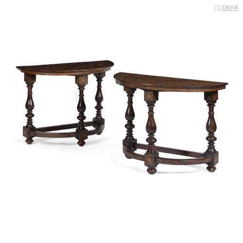 PAIR OF ITALIAN WALNUT AND FRUITWOOD MARQUETRY DEMILUNE SIDE TABLESLATE 17TH CENTURY the tops inlaid