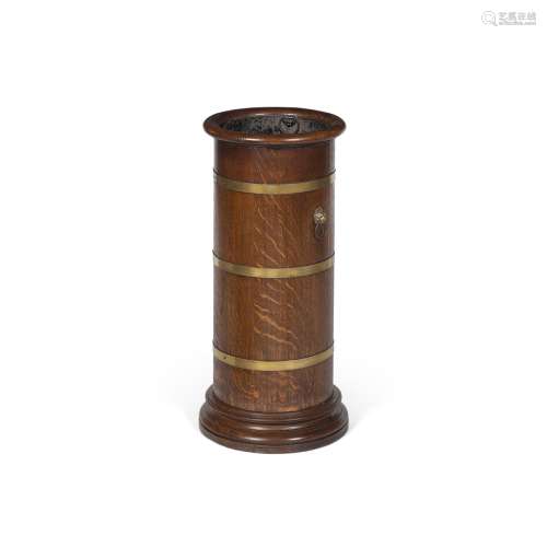 EDWARDIAN OAK BRASS-BANDED STICK STANDEARLY 19TH CENTURY of cylindrical form with three brass