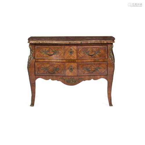 FRENCH KINGWOOD AND AMARANTH PARQUETRY MARBLE TOP COMMODE19TH CENTURY in the Louis XV style, the