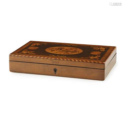 FRENCH OLIVEWOOD MARQUETRY BOX19TH CENTURY of rectangular form, inlaid with specimen wood pansies