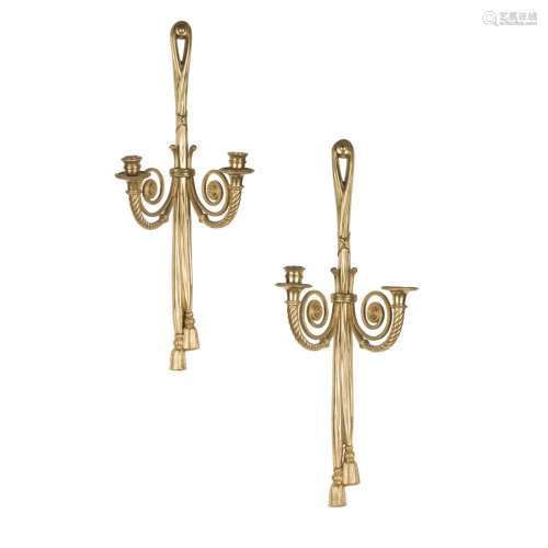 PAIR OF NEOCLASSICAL BRASS WALL SCONCESEARLY 20TH CENTURY each backplate in the form of a