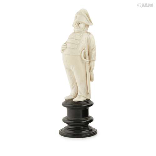 FRENCH CARVED IVORY CARICATURE FIGURE OF AN OFFICER19TH CENTURY the rotund figure wearing a bicorn