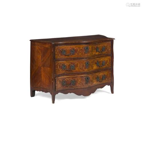 DUTCH MAHOGANY AND FRUITWOOD INLAID SERPENTINE COMMODE18TH CENTURY the top with a moulded edge above