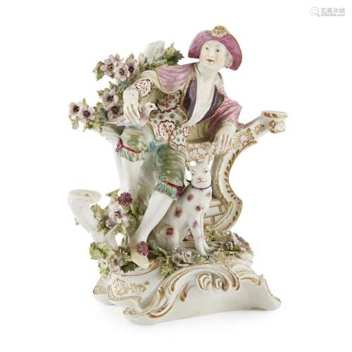 DERBY PORCELAIN FIGURE GROUPLATE 18TH CENTURY modelled as a young man seated against a balustrade,