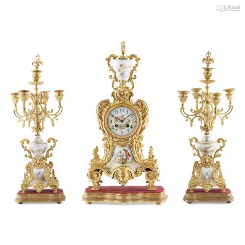 LOUIS XV STYLE GILT BRONZE AND PORCELAIN THREE PIECE CLOCK GARNITURE, JAPY FRERES & CIELATE 19TH