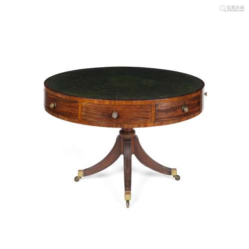 REGENCY MAHOGANY DRUM LIBRARY TABLE19TH CENTURY the circular top with a green leather insert,