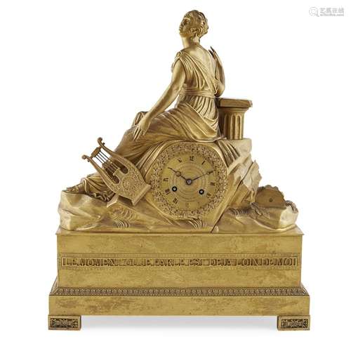 FRENCH GILT BRONZE FIGURAL MANTEL CLOCK19TH CENTURY surmounted by a seated lady in classical dress