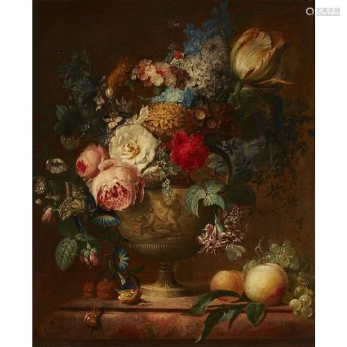 MANNER OF FRANZ XAVER PETTERA STILL LIFE OF ASSORTED FLOWERS IN A VASE WITH MIXED FRUIT ON A LEDGE