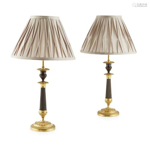 PAIR OF RESTAURATION PATINATED AND GILDED BRONZE TABLE LAMPSEARLY 19TH CENTURY converted from