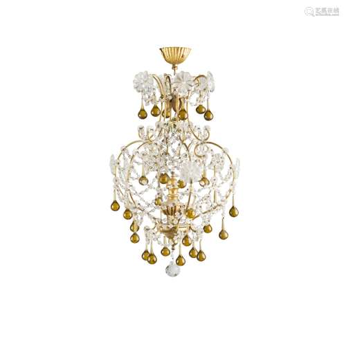 BOHEMIAN BRASS, GILTWOOD, CLEAR AND AMBER GLASS PENDANT LIGHTEARLY 20TH CENTURY the openwork frame