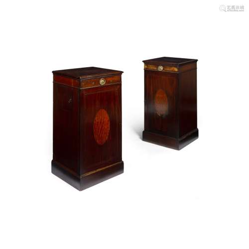 PAIR OF GEORGE III MAHOGANY AND SATINWOOD PEDESTAL CUPBOARDSLATE 18TH CENTURY the square tops with