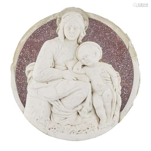 ITALIAN WHITE MARBLE AND PORPHYRY ROUNDEL OF THE MADONNA AND CHILD18TH/ EARLY 19TH CENTURY carved in