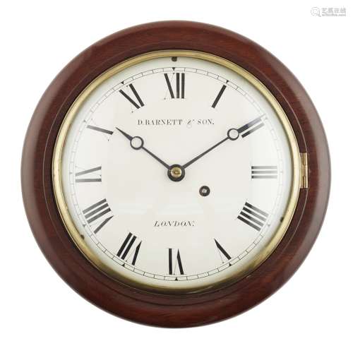 SMALL MAHOGANY ROUND-DIAL WALL CLOCK19TH CENTURY the white enamelled dial with Roman numerals and