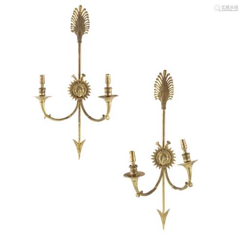 PAIR OF FRENCH EMPIRE STYLE GILT BRONZE WALL SCONCES19TH CENTURY with arrow formed uprights