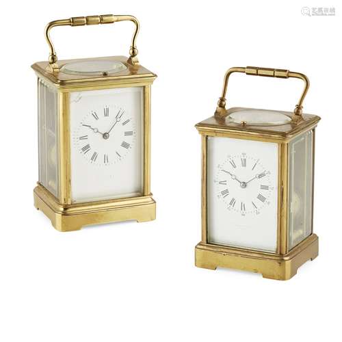 TWO FRENCH GILT BRASS REPEATING CARRIAGE CLOCKSLATE 19TH/ EARLY 20TH CENTURY each corniche case